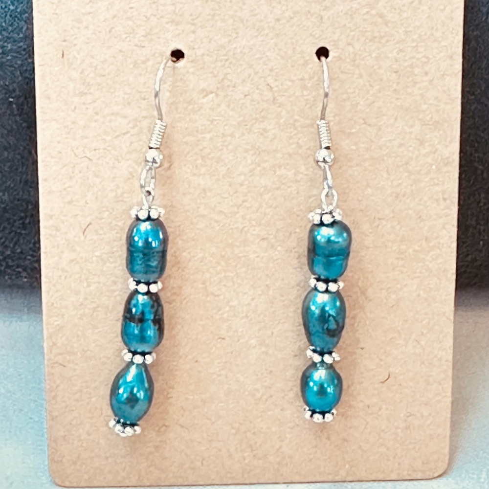 Handmade Teal Freshwater Pearl Dangle Earrings Peacock Gift Boho Triple Pearl